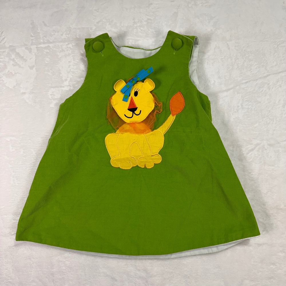 Potato Saks Corduroy Lion Jumper Dress 2T Green Applique‎ Sleeveless Girls